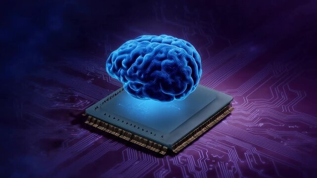 Glowing stylized brain rests on a microchip, neon traces pulsing like synapses - bold symbol of data, intelligence and cutting-edge research suited to tech branding, machine learning or innovation exp