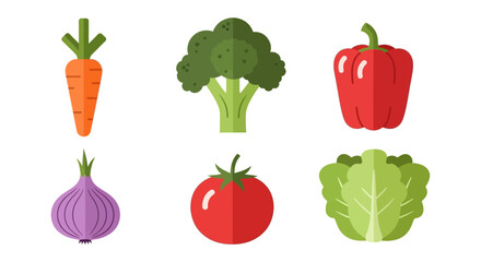 Healthy Fresh Vegetables Collection - Carrot, Broccoli, Pepper, Onion, Tomato, Lettuce Illustrations