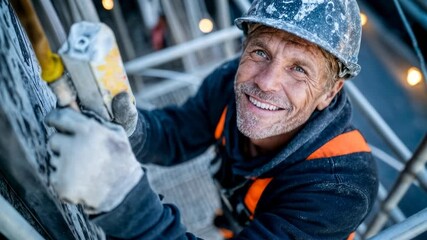 Weathered construction worker smiles from a scaffold, safety gear on and city blur behind - a proud portrait of skilled labor, reliability and craft suitable for industry campaigns and hiring messages