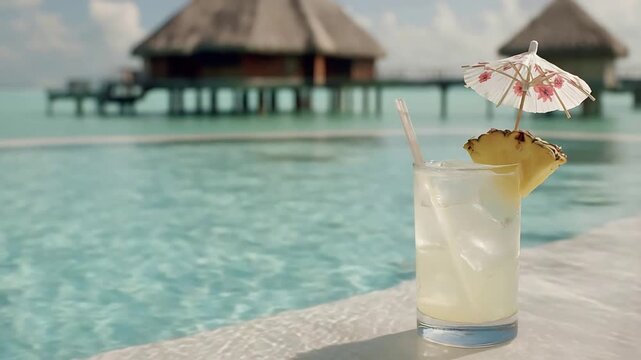 Refreshing Tropical Cocktail by Infinity Pool Overlooking Luxurious Overwater Bungalows in Paradise.
