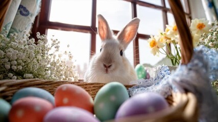 Curious rabbit peeks from a basket by a sunny window among painted eggs and lace - tender spring atmosphere crafted for family greetings, seasonal retail and adorable pet-friendly messaging. - Powered by Adobe