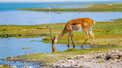 Antelope drinking from shallow waterhole in green wetland