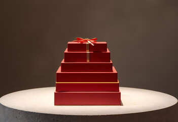 Five red gift boxes stacked on round concrete surface