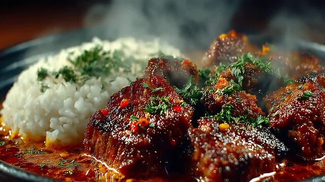 Delicious Steaming Hot Meat Stew with Fragrant Rice and Fresh Green Herbs.