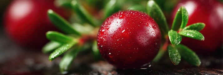 Obraz premium Fresh Cranberries With Water Droplets on Leaves Nestled on a Dark Wooden Surface in Natural Light