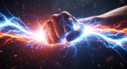 A powerful fist clenching with energy sparks emanating, symbolizing strength, determination, and the electrifying force of human potential in a dynamic display