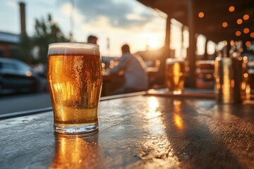 Friends enjoying craft beers at rustic pub table conversation.