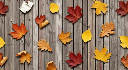 Vibrant autumn leaves in rich reds, oranges, and yellows scattered artistically across weathered wooden planks, evoking cozy seasonal charm.