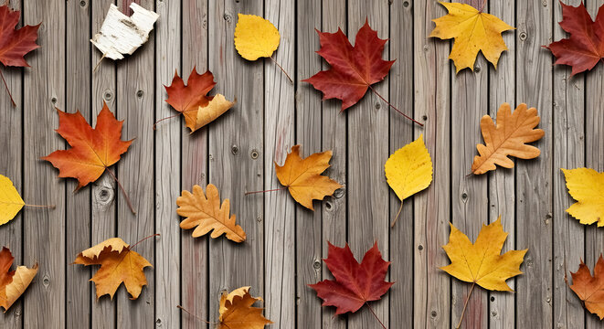 Vibrant autumn leaves in rich reds, oranges, and yellows scattered artistically across weathered wooden planks, evoking cozy seasonal charm.