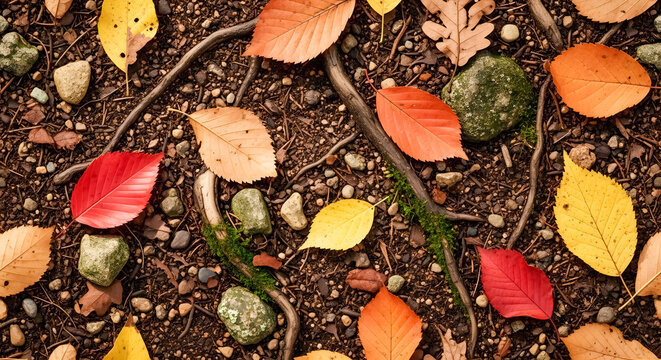 Vibrant autumn leaves scattered on forest floor with mossy rocks and twisted roots, capturing the essence of fall's natural beauty.
