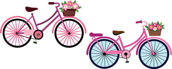 pink bicycle illustration, floral basket bike, spring cycling vector, vintage bicycle art, eco friendly travel clipart, lifestyle riding concept, romantic outdoor design, nature travel art, women bicy
