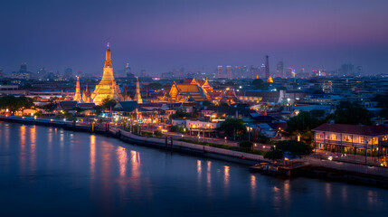 Breathtaking Twilight Panorama Over the Chaophraya River in Bangkok, Thailand at Blue Hour