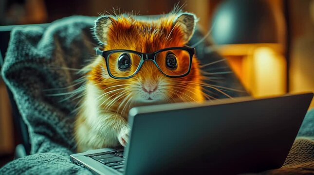 A hamster wearing glasses, sitting at a laptop keyboard. He looks focused, engaged in work or study.