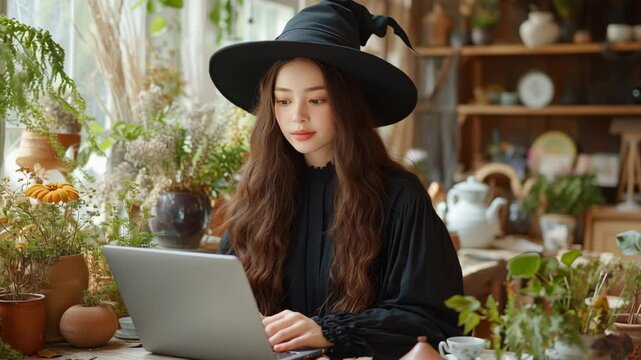 Mystical Witch Online: A captivating young witch, dressed in a traditional hat and attire, is immersed in a world of spell-crafting and digital enchantment.