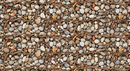 Nature's intricate tapestry of smooth pebbles and delicate branches creates a serene, grounding texture perfect for organic designs and peaceful backgrounds.