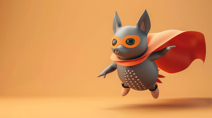 Cute cartoon pig dressed as superhero flying with cape and mask, cheerful and energetic, against warm orange background