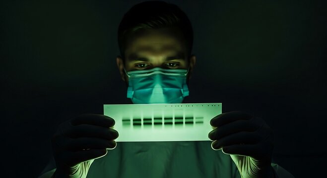 Focused scientist examining DNA sequencing gel in dark lab, promising research yields insights into future of medicine and genetic studies worldwide - Powered by Adobe