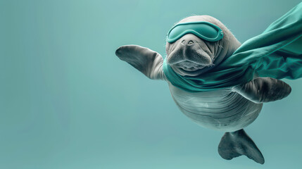 Cute baby seal wearing goggles and cape, floating in air with joyful expression, creating playful and imaginative scene
