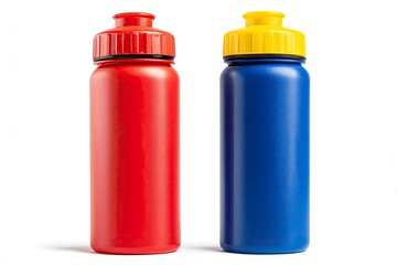 Two plastic sports water bottles, red and blue