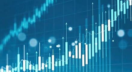 Rising stock market chart with arrows and bokeh lights, indicating positive trends, growth, and investment opportunities in a dynamic financial environment