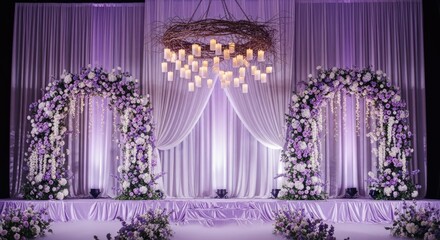 An enchanting wedding stage adorned with delicate white and purple flowers, illuminated by soft lighting, creating a romantic and magical ambiance for the special day