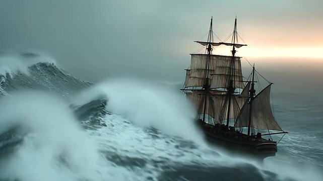 Dramatic sailing ship battling stormy seas at dusk