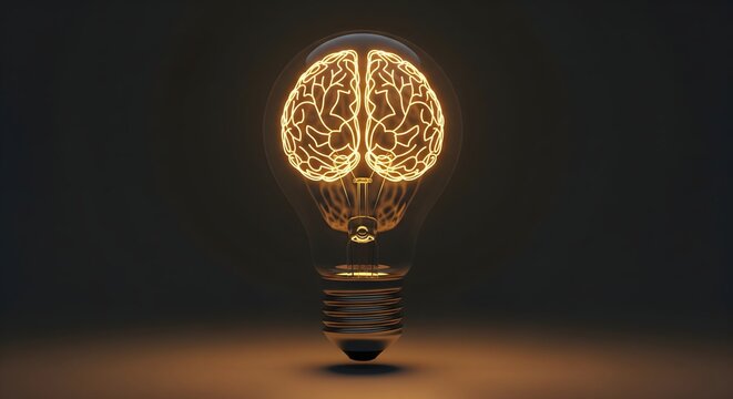 Illuminated human brain structure serving as a filament inside a light bulb, symbolizing creativity, intelligence, and innovative ideas in a dark environment.