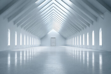 Spacious modern hallway with white arched windows and vaulted ceiling