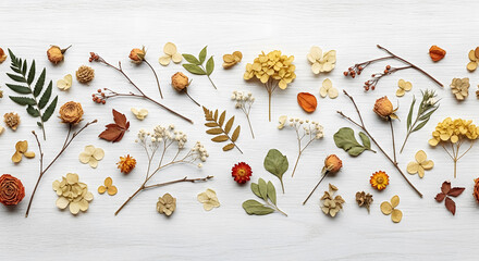 Vibrant dried botanicals and delicate flowers artfully arranged on a clean white wood surface, evoking natural autumn beauty and rustic charm for creative projects.