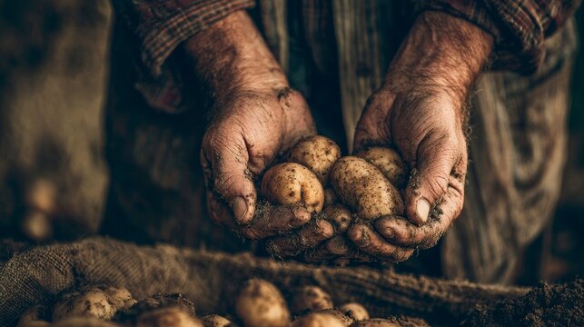 Farmer hands holding freshly harvested potatoes - Powered by Adobe