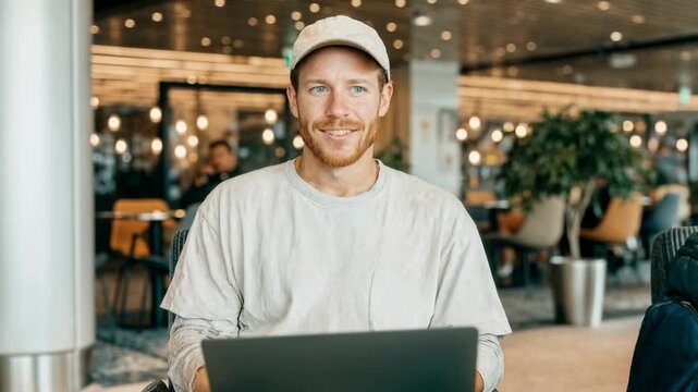 Smiling freelancer works on a laptop in a bright caf&eacute;; relaxed productivity, optimism and contemporary digital lifestyle for remote work ads, startup storytelling, coworking spaces and creator economy