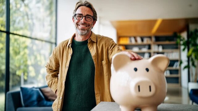 Smiling man presents a piggy bank at his desk; warm lifestyle finance scene symbolizing saving, security and positive budgeting habits for banking apps, personal finance blogs and money‑smart educatio