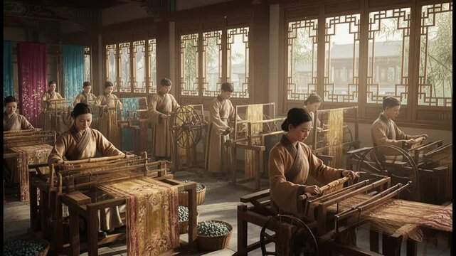 Medieval People Life,  Chinese Silk Workshop, Song Dynasty &mdash; Workers wind shimmering threads on spindles, sunlight filtering through lattice windows.
