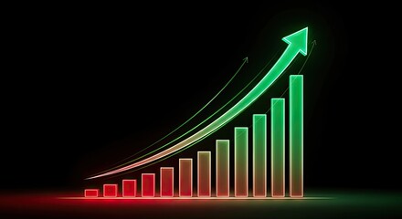 An upwardtrending bar graph with a prominent green arrow signifies growth, progress, and positive financial performance against a stark black background, indicating success