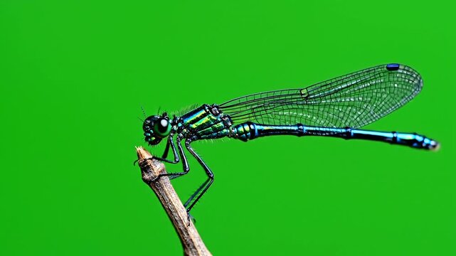 Intricate damselfly with iridescent wings rests on a twig against a vibrant green background.