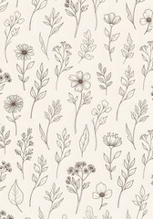 Delicate hand drawn botanical pattern featuring elegant wildflowers and leaves, perfect for romantic designs and natural aesthetics.