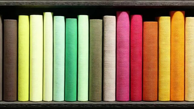 A vibrant bookshelf filled with various colored books, arranged in a gradient pattern