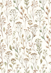 Delicate watercolor botanical pattern with earthy tones and organic shapes, perfect for serene natural designs and elegant home decor applications.