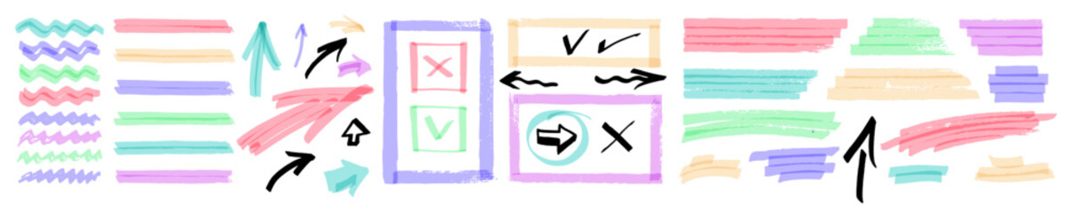 Pastel color marker highlights, underlines and arrows. Vector arrow line set. Brush texture marks underline. Watercolor strokes, sketch on paper. Hand-drawn frames, stripes, notes. Abstract school bg