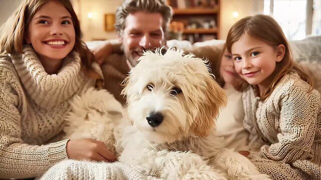 Family Portrait with Golden Doodle Dog in Cozy Home: Warm Domestic Lifestyle
