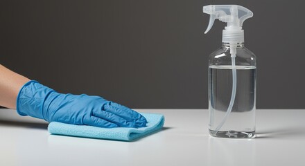 Achieving maximum sterility on a pristine, pure white countertop using a fiber cloth and disinfectant liquid, emphasizing perfect hygiene ,professional ,pure ,domestic