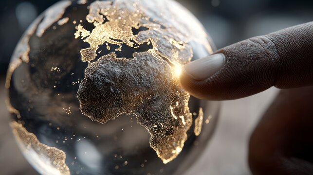 Finger pointing to a location on a globe