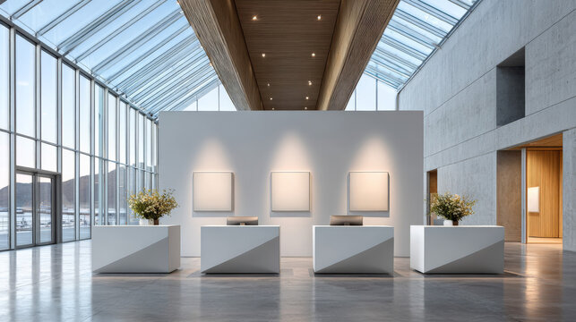 Modern minimalist art gallery interior with symmetrical design and natural light