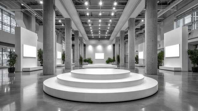 Modern exhibition hall with circular platforms and minimalist design
