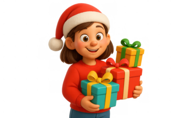 Cartoon girl in santa hat holding colorful christmas gift boxes, celebrating holiday season, transparent background