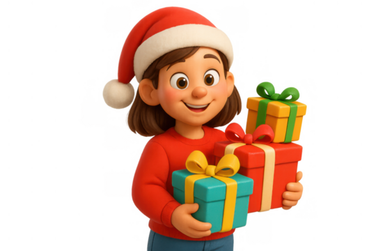 Cartoon girl in santa hat holding colorful christmas gift boxes, celebrating holiday season, transparent background