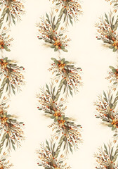 Ethereal watercolor floral pattern with warm autumn berries and delicate leaves, evoking rustic charm and natural beauty for seasonal decor projects.