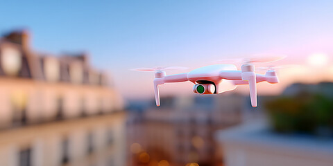 White drone hovering over cityscape with blurred building background at sunset