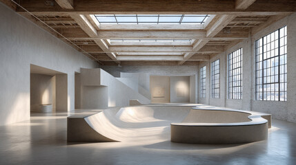Modern indoor skatepark with minimalist design and natural lighting