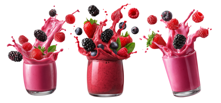 Fresh mixed berries splash out of a vibrant purple smoothie in a glass, isolated on white transparent background